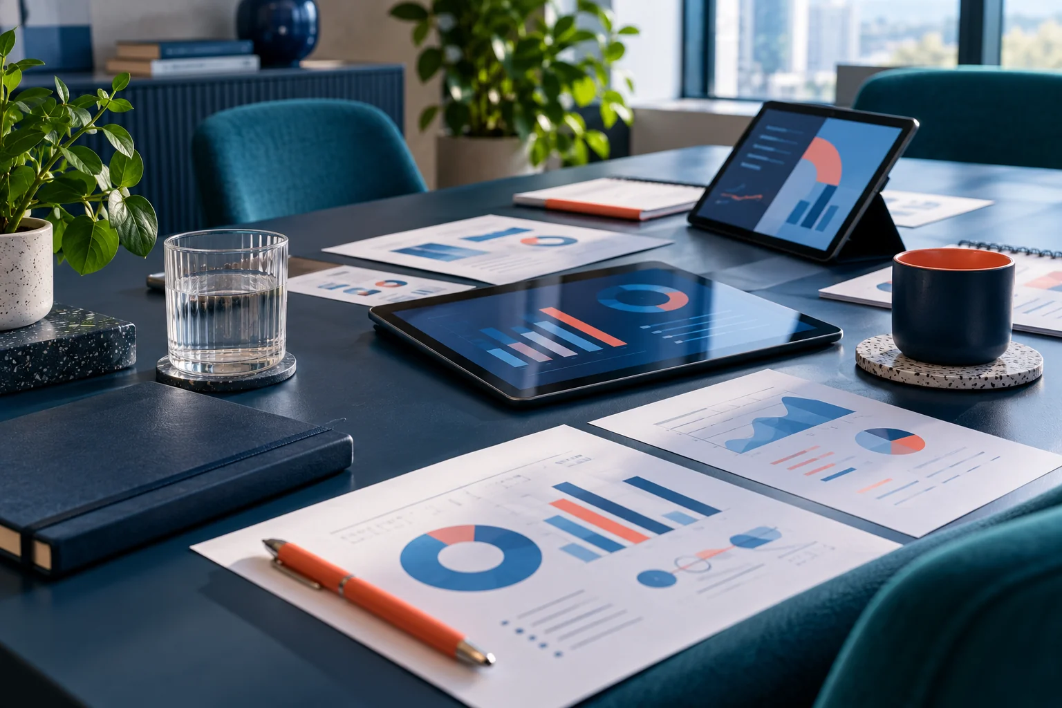 Advisory meeting table with planning charts and tablets