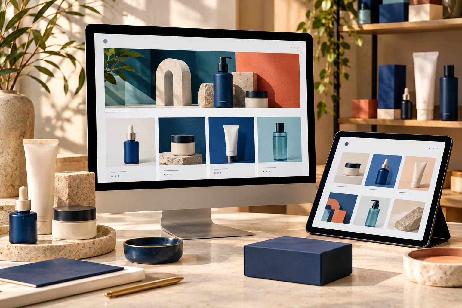 Online store design workspace with products, desktop and tablet