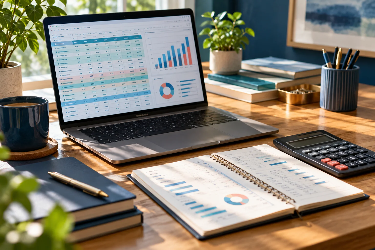 Financial modeling workspace with a laptop, planning notebook and calculator
