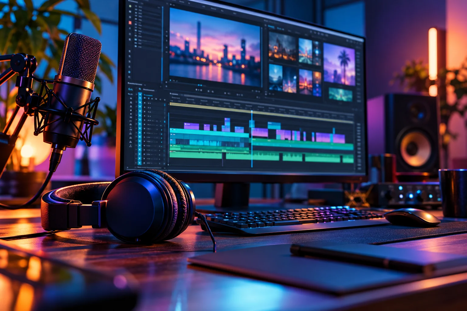Content editing workspace with monitor, microphone and headphones